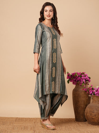 Floral & Stripes Printed zari Embroidered Asymmetric Kurta with Salwar Pants - Slate Green