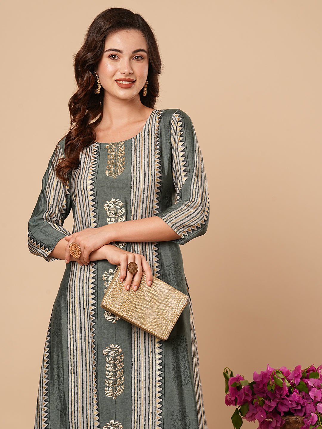 Floral & Stripes Printed zari Embroidered Asymmetric Kurta with Salwar Pants - Slate Green