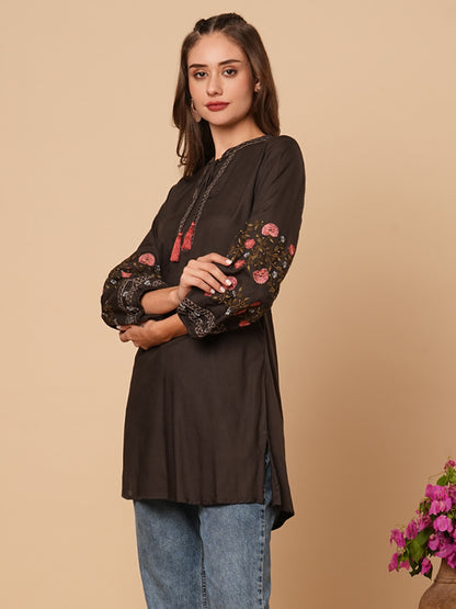 Solid Floral Embroidered A-Line Short Kurti - Charcoal