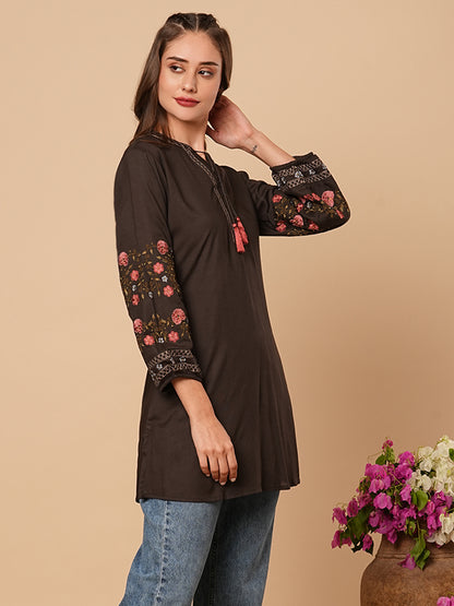 Solid Floral Embroidered A-Line Short Kurti - Charcoal