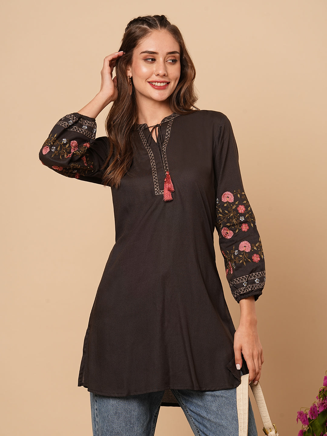 Solid Floral Embroidered A-Line Short Kurti - Charcoal