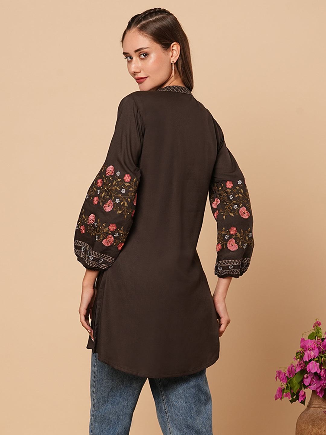 Solid Floral Embroidered A-Line Short Kurti - Charcoal