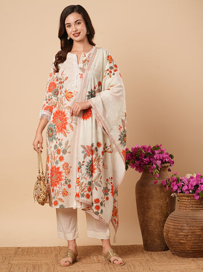 Floral Printed Straight Fit Kurta with Pant & Dupatta - Cream