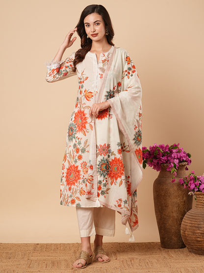 Floral Printed Straight Fit Kurta with Pant & Dupatta - Cream