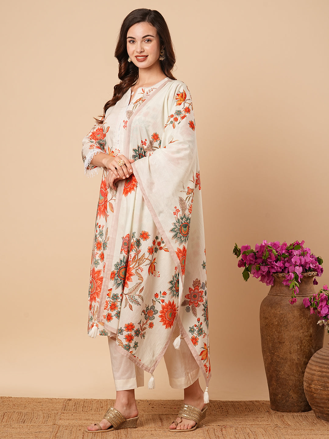 Floral Printed Straight Fit Kurta with Pant & Dupatta - Cream