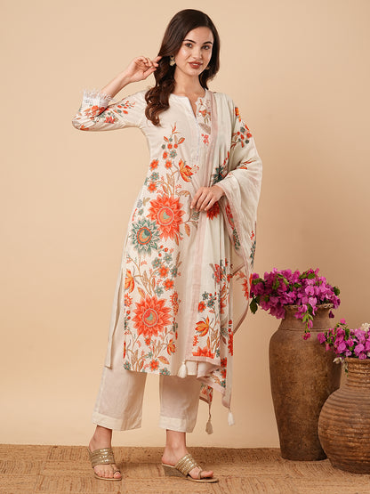 Floral Printed Straight Fit Kurta with Pant & Dupatta - Cream