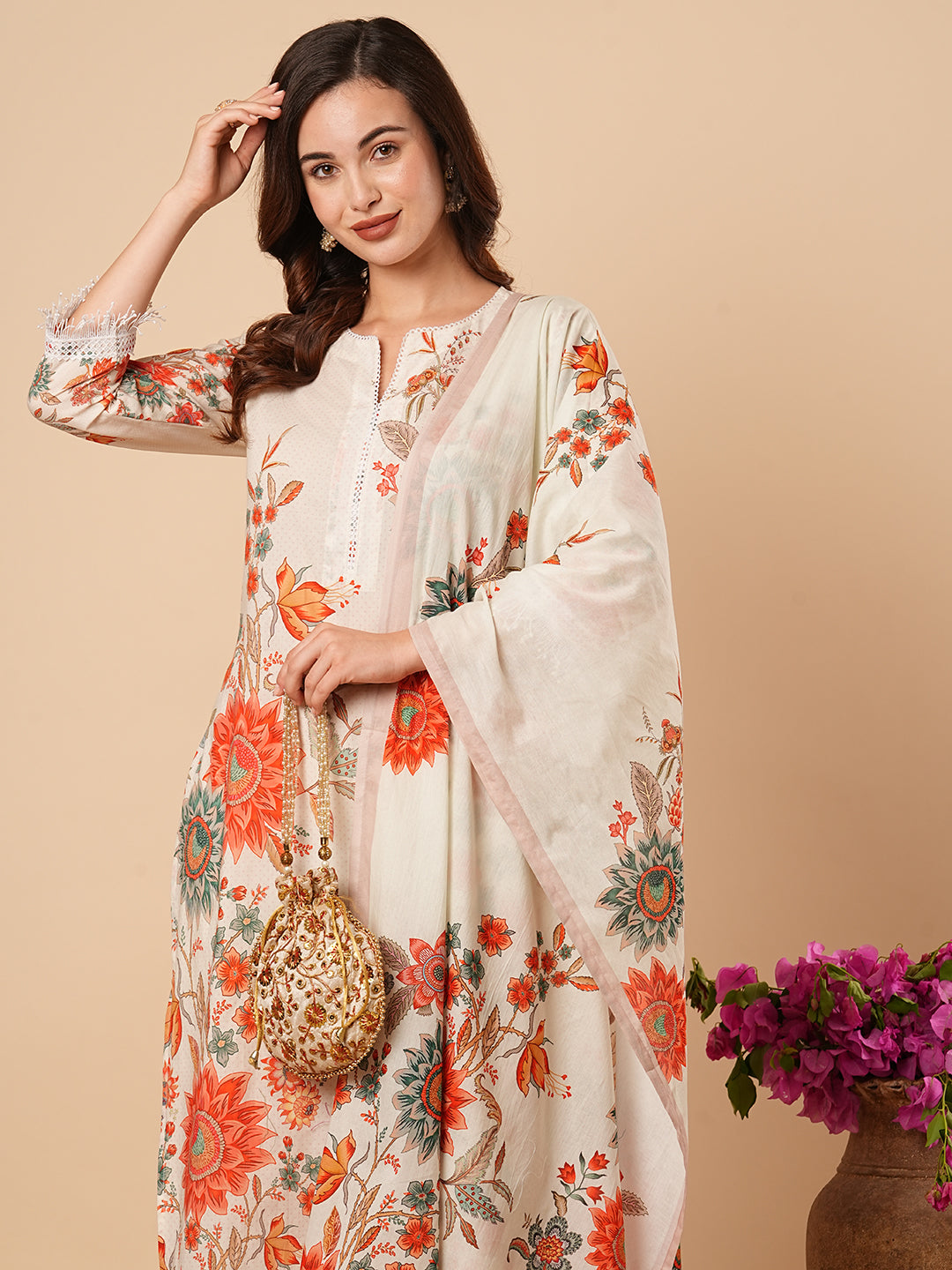 Floral Printed Straight Fit Kurta with Pant & Dupatta - Cream