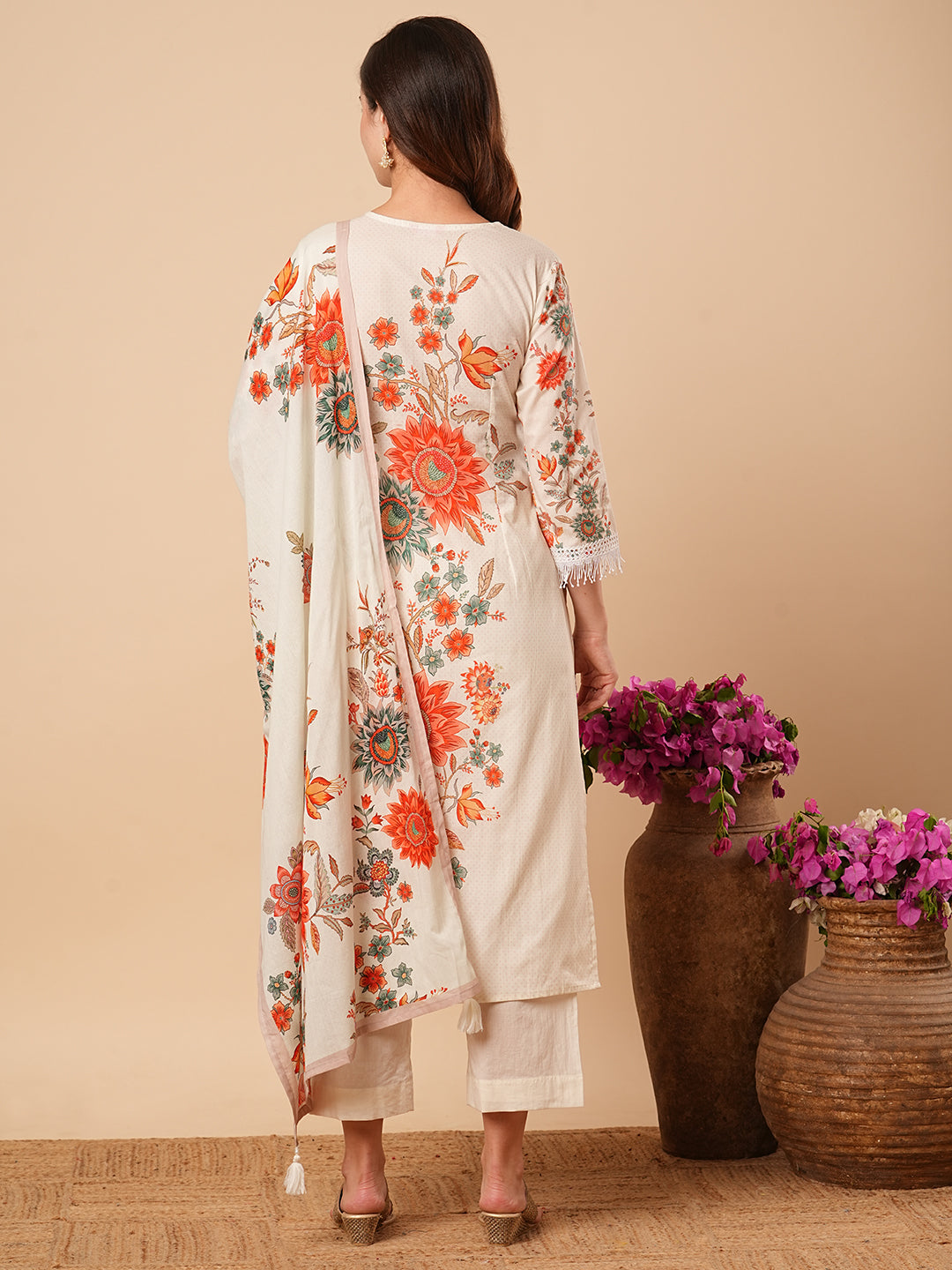 Floral Printed Straight Fit Kurta with Pant & Dupatta - Cream