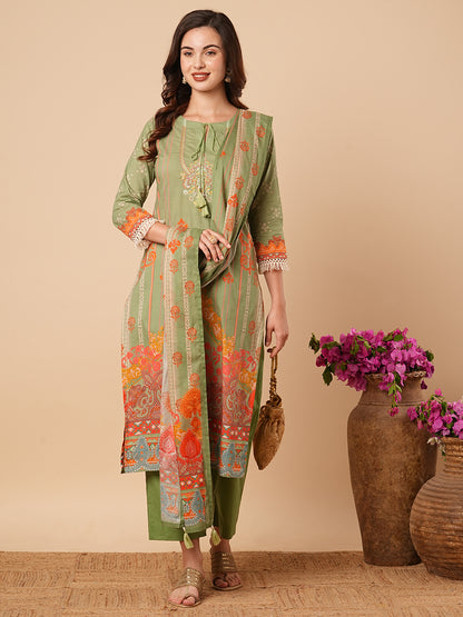 Ethnic Floral Printed & Hand Embroidered Kurta with Pant and Dupatta - Green