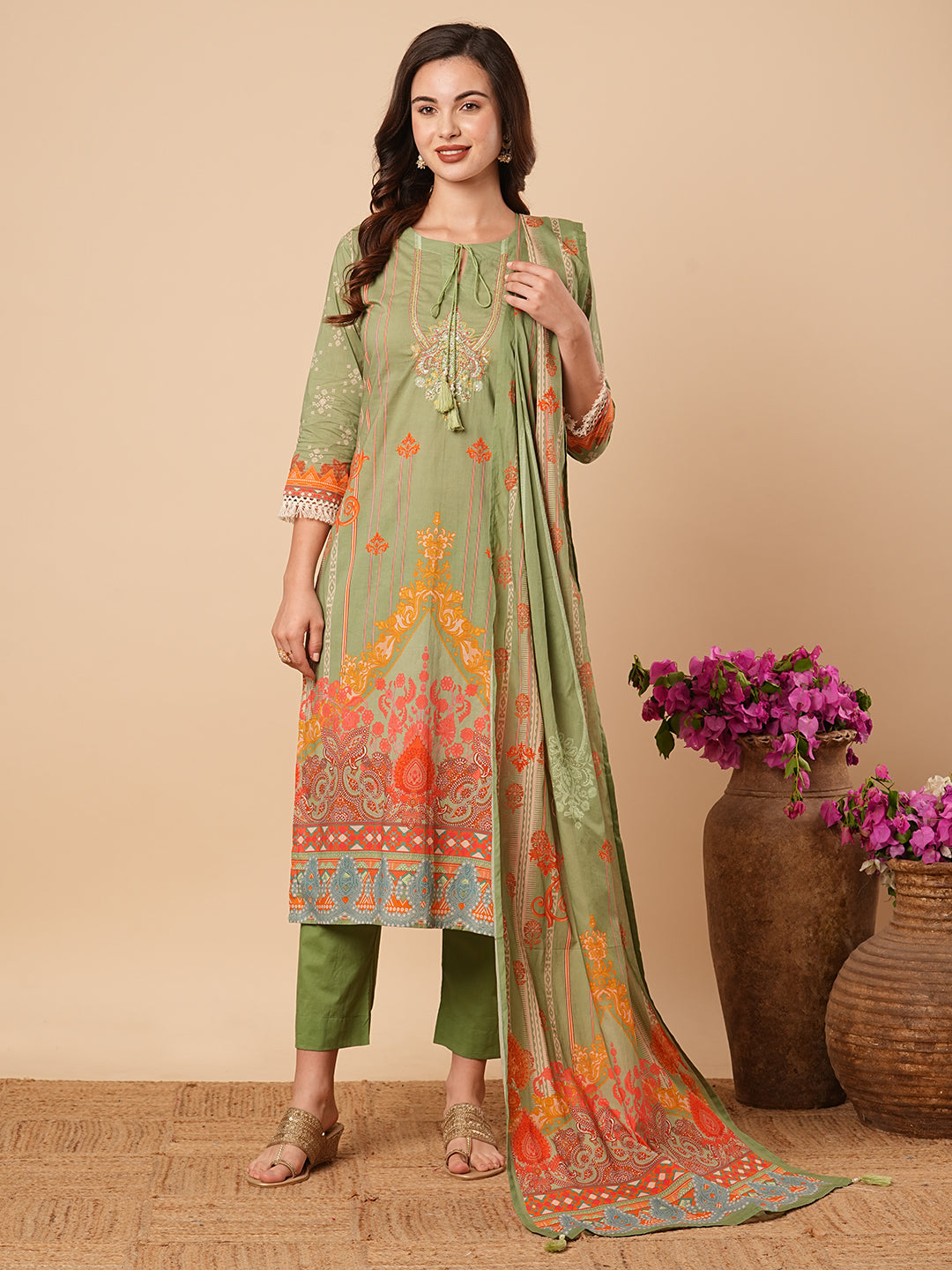 Ethnic Floral Printed & Hand Embroidered Kurta with Pant and Dupatta - Green