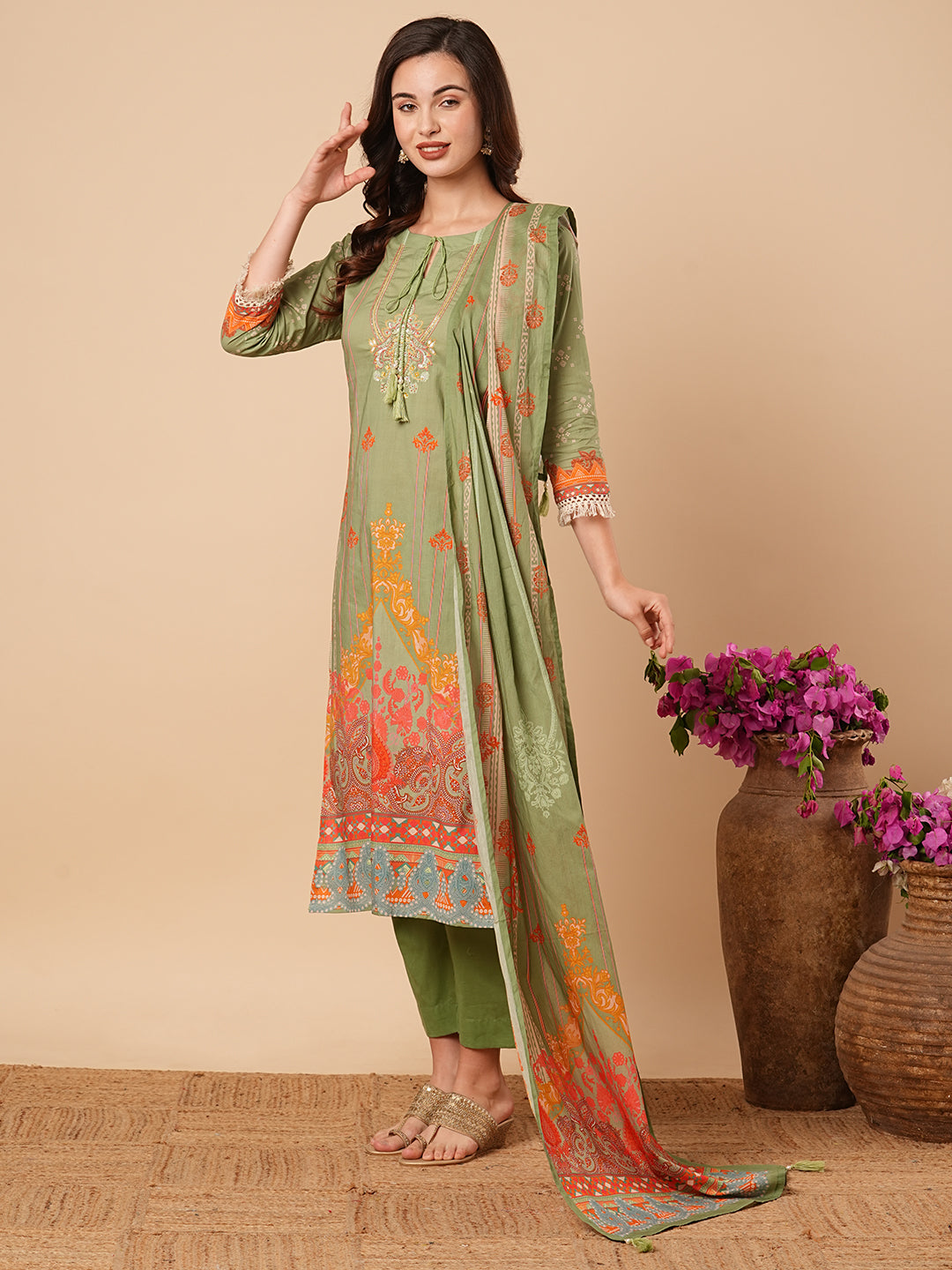 Ethnic Floral Printed & Hand Embroidered Kurta with Pant and Dupatta - Green