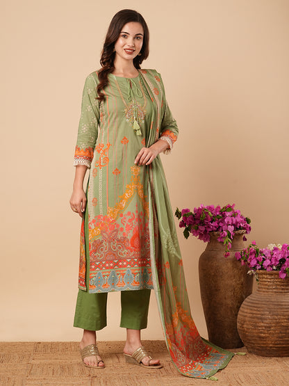 Ethnic Floral Printed & Hand Embroidered Kurta with Pant and Dupatta - Green