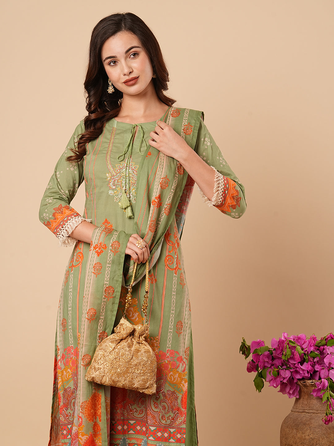 Ethnic Floral Printed & Hand Embroidered Kurta with Pant and Dupatta - Green