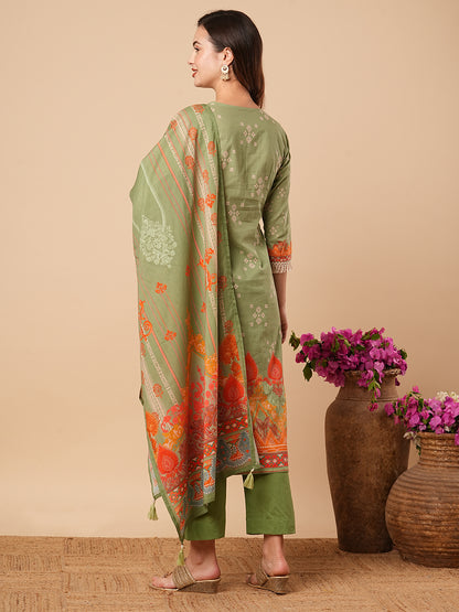 Ethnic Floral Printed & Hand Embroidered Kurta with Pant and Dupatta - Green