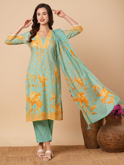 Floral Printed Straight Kurta with Pant & Pure Cotton Dupatta - Turquoise Blue