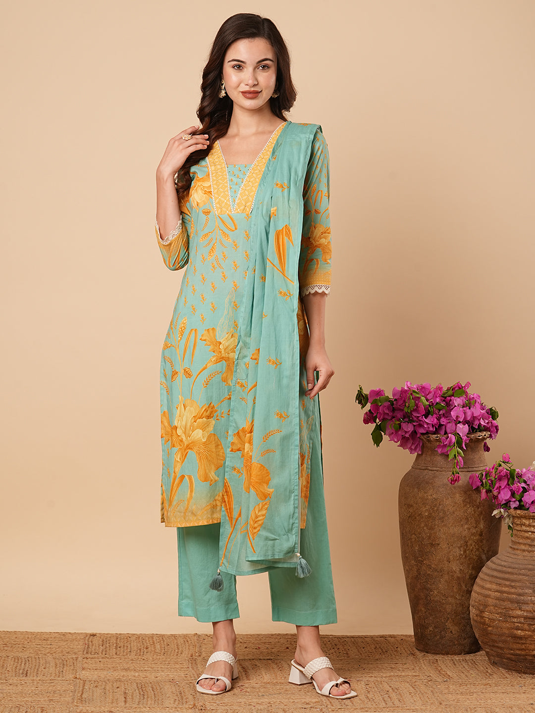 Floral Printed Straight Kurta with Pant & Pure Cotton Dupatta - Turquoise Blue