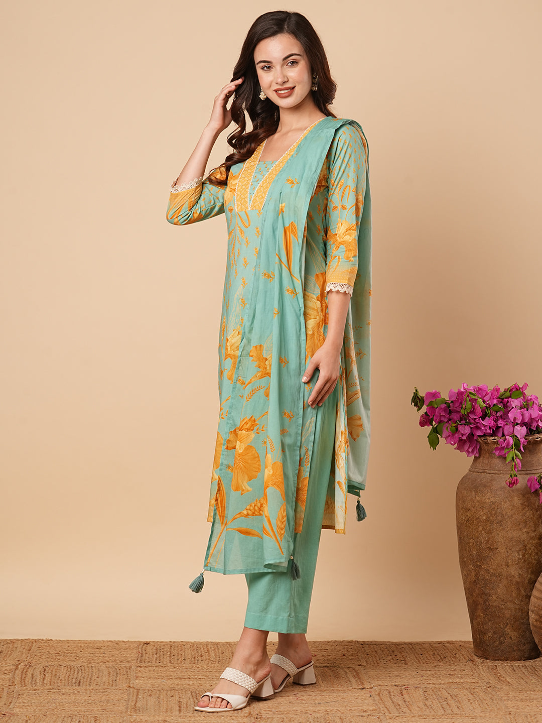 Floral Printed Straight Kurta with Pant & Pure Cotton Dupatta - Turquoise Blue