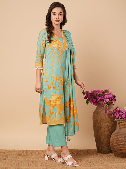 Floral Printed Straight Kurta with Pant & Pure Cotton Dupatta - Turquoise Blue