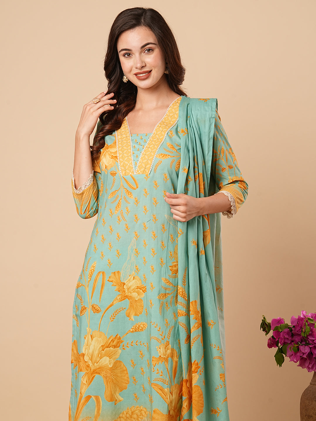 Floral Printed Straight Kurta with Pant & Pure Cotton Dupatta - Turquoise Blue