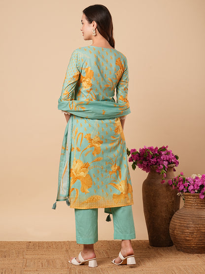 Floral Printed Straight Kurta with Pant & Pure Cotton Dupatta - Turquoise Blue