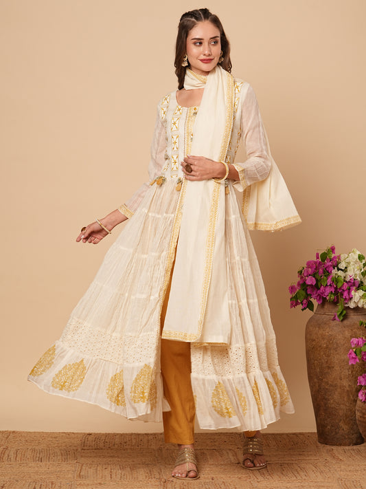 Solid Resham Embroidered Tiered Jacket Style Kurta with Pants & Dupatta - Off White