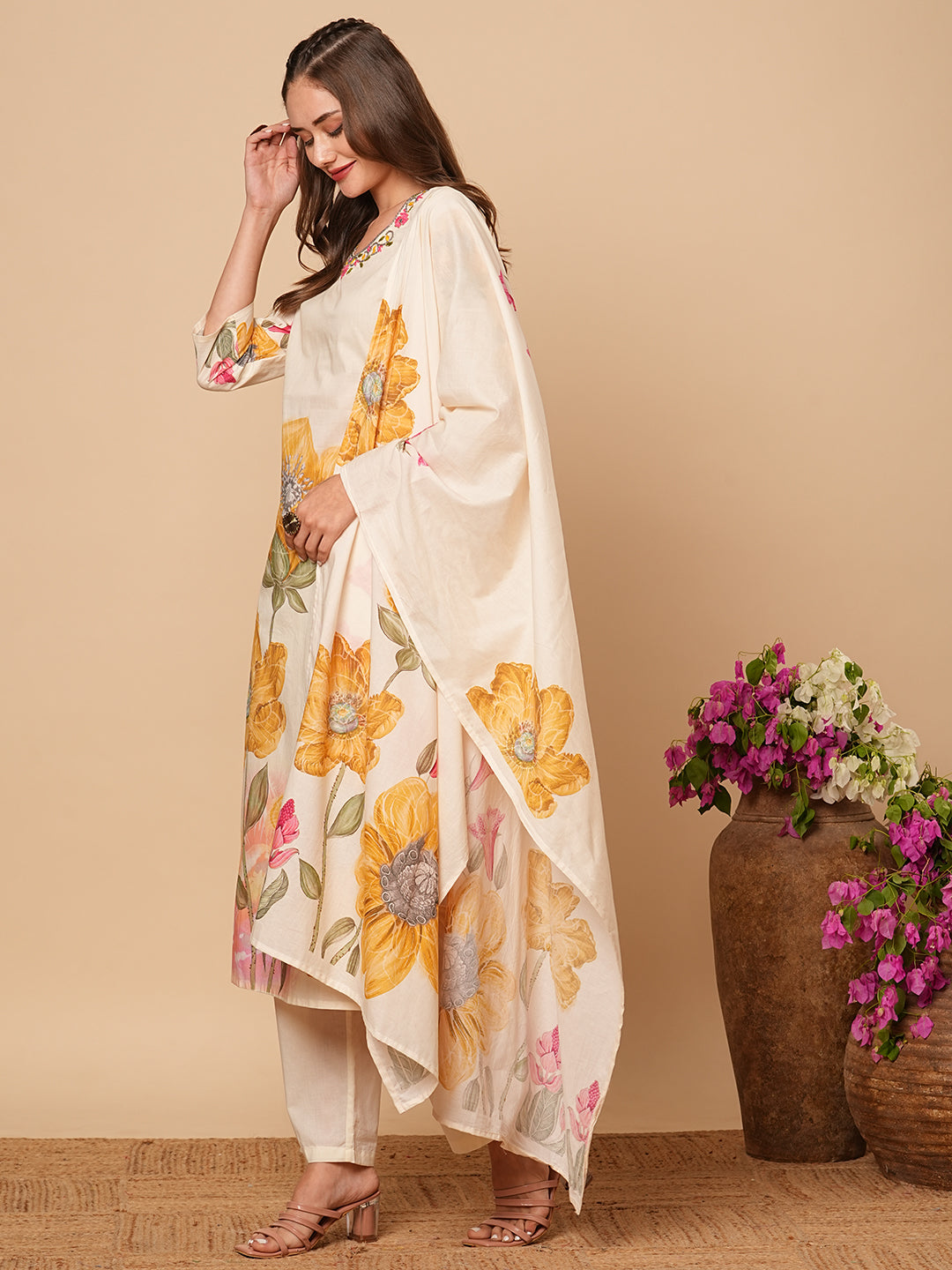 Floral Printed Beads & Resham Embroidered Kurta with Pants & Dupatta - Off White