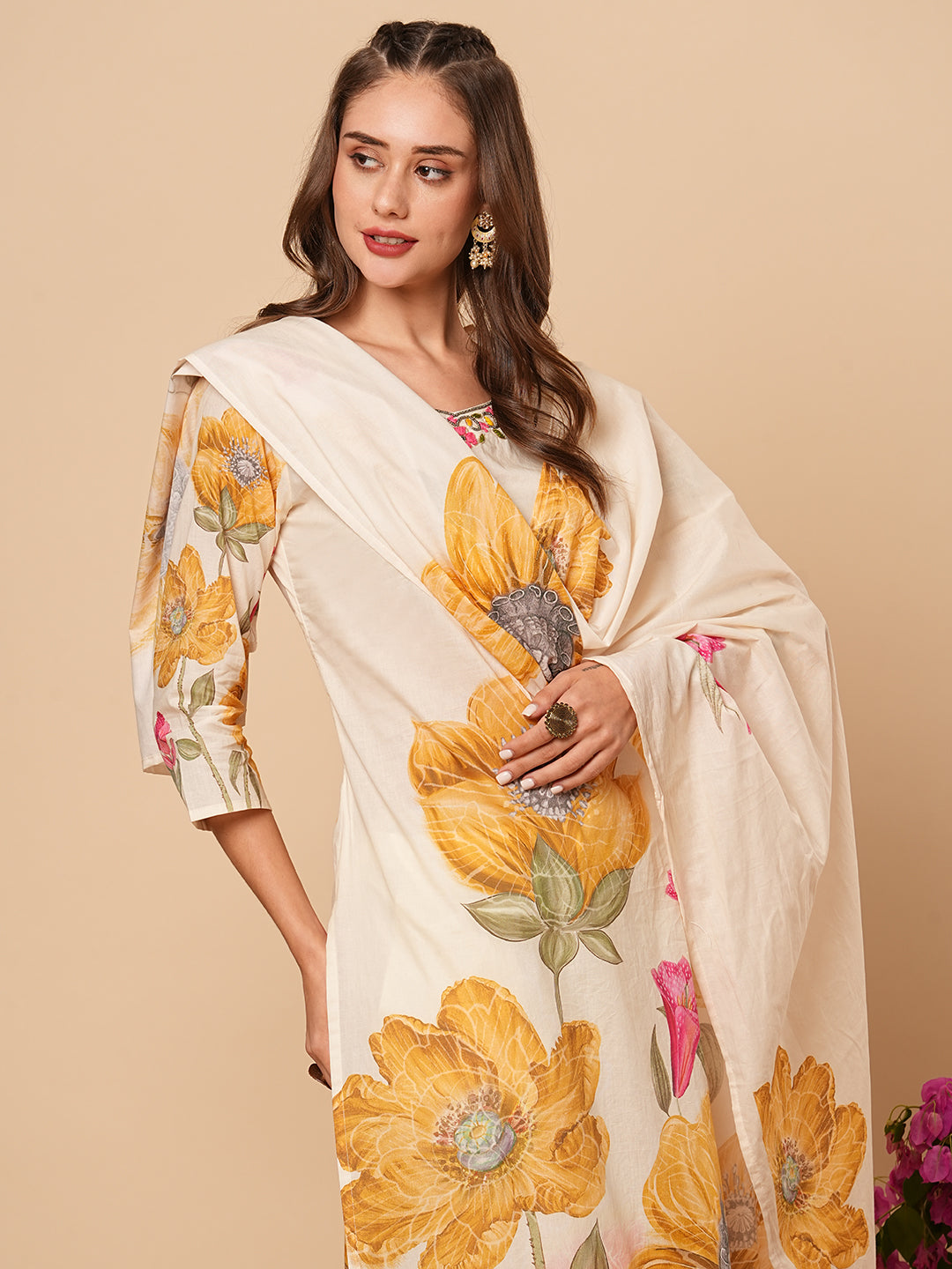 Floral Printed Beads & Resham Embroidered Kurta with Pants & Dupatta - Off White