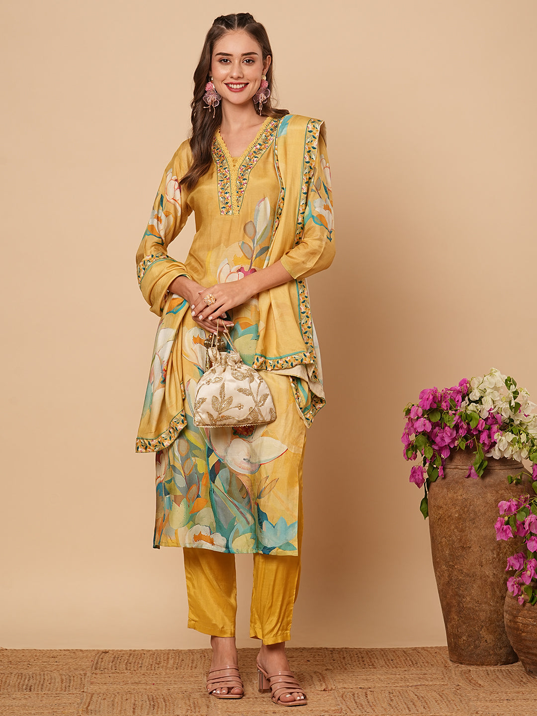 Floral Printed Beads & & Sequins Embroidered Kurta with Pants & Dupatta - Yellow