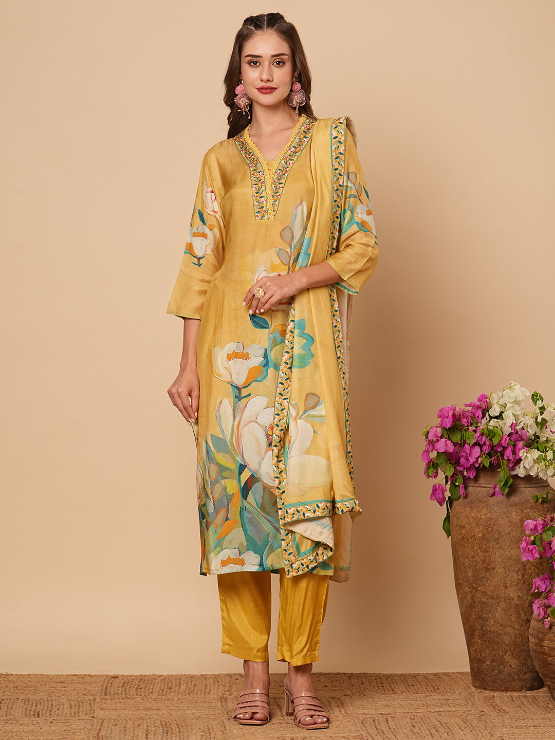 Floral Printed Beads & & Sequins Embroidered Kurta with Pants & Dupatta - Yellow