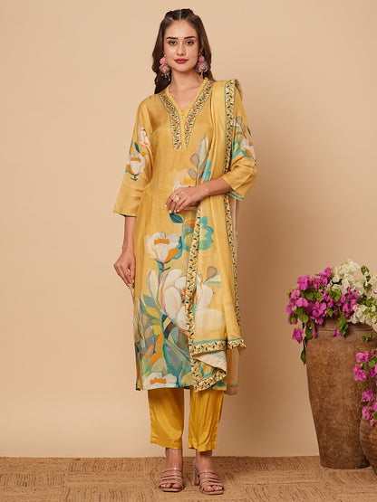 Floral Printed Beads & & Sequins Embroidered Kurta with Pants & Dupatta - Yellow