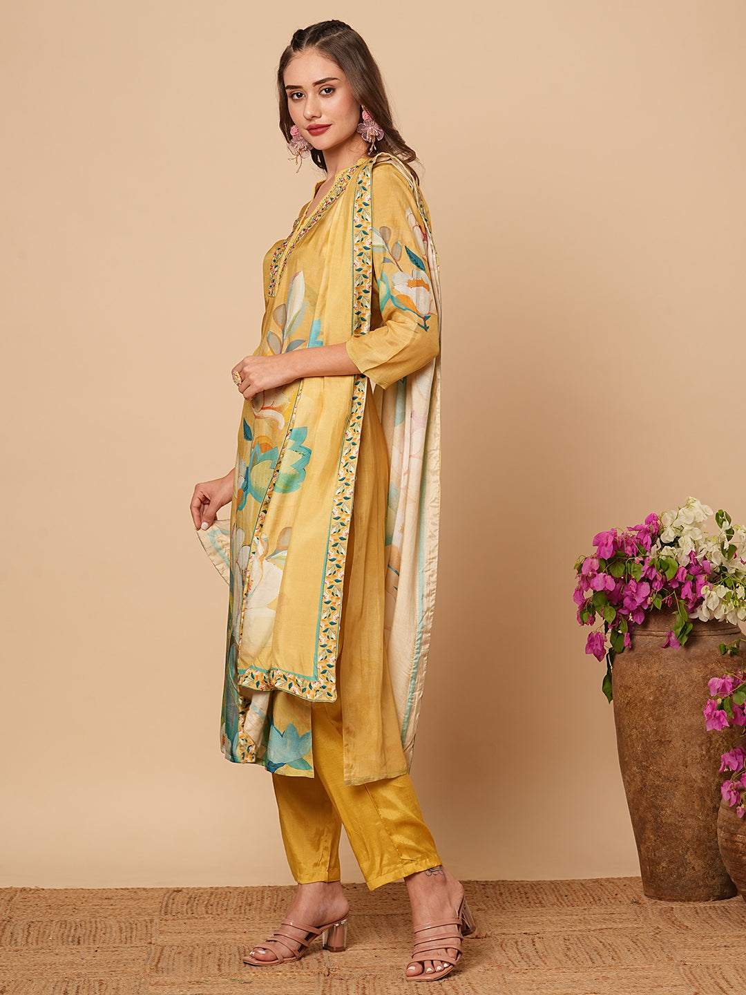 Floral Printed Beads & & Sequins Embroidered Kurta with Pants & Dupatta - Yellow