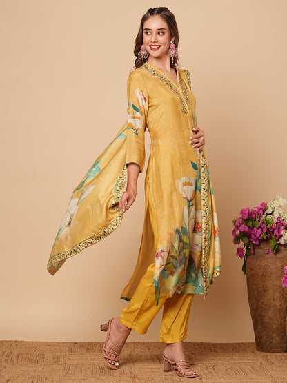 Floral Printed Beads & & Sequins Embroidered Kurta with Pants & Dupatta - Yellow