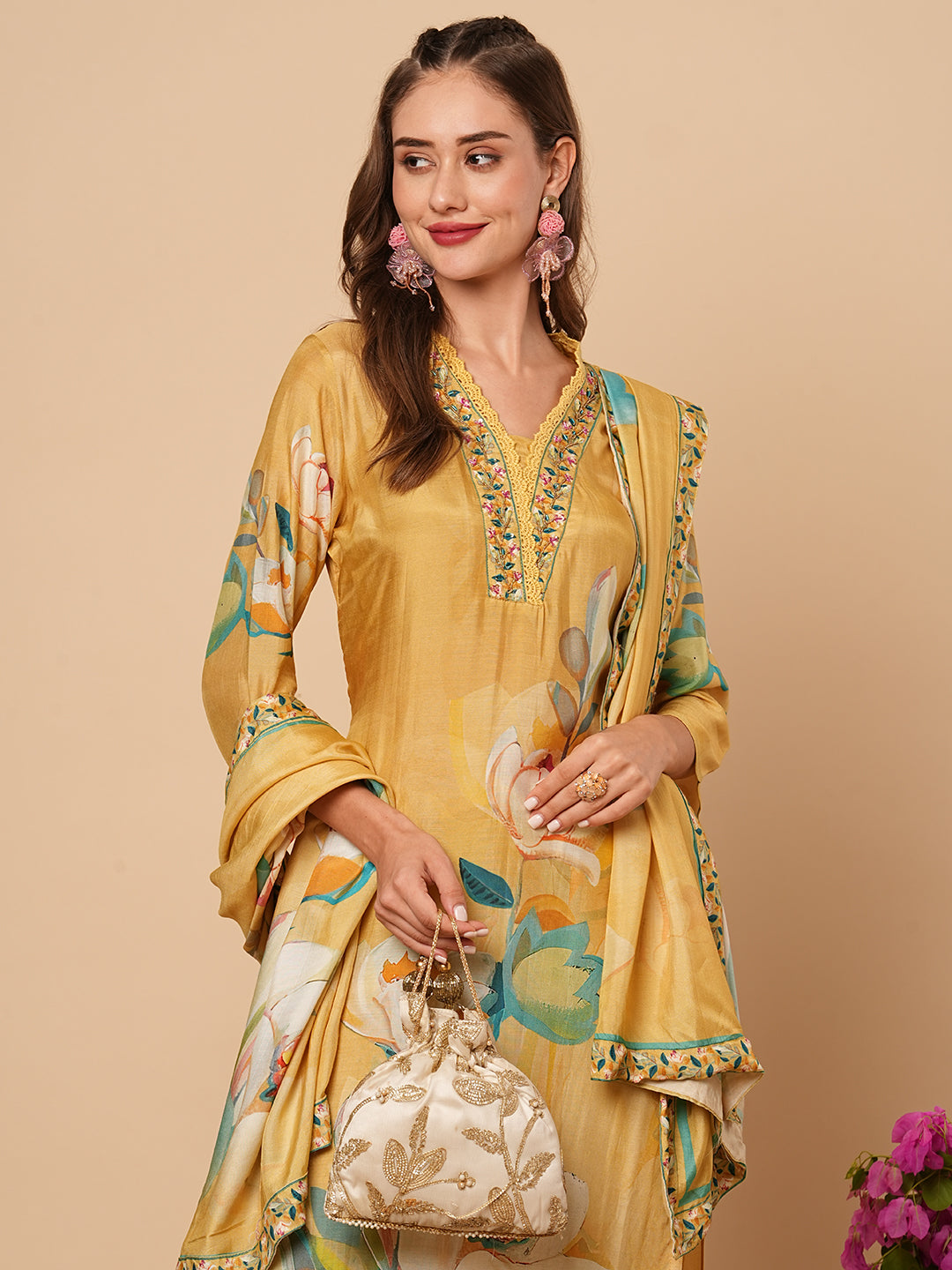 Floral Printed Beads & & Sequins Embroidered Kurta with Pants & Dupatta - Yellow