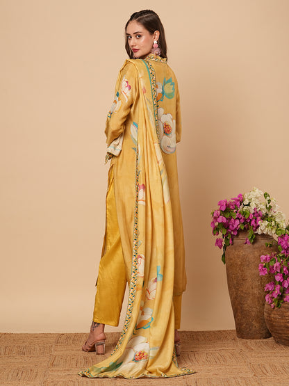 Floral Printed Beads & & Sequins Embroidered Kurta with Pants & Dupatta - Yellow