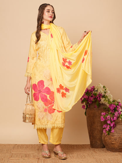 Floral Printed Resham & Sequins Embroidered Kurta with Pants & Hand Painted Dupatta - Yellow