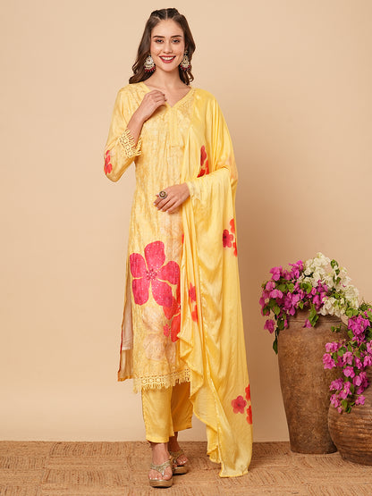 Floral Printed Resham & Sequins Embroidered Kurta with Pants & Hand Painted Dupatta - Yellow