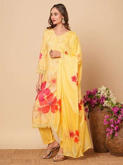 Floral Printed Resham & Sequins Embroidered Kurta with Pants & Hand Painted Dupatta - Yellow