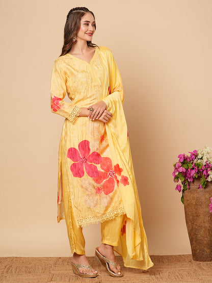 Floral Printed Resham & Sequins Embroidered Kurta with Pants & Hand Painted Dupatta - Yellow