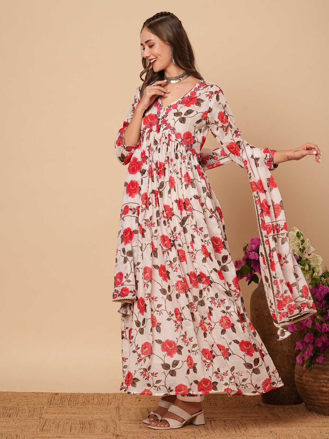 Floral Printed Resham Embroidered Pleated Mul-Cotton Kurta with Pants & Dupatta - White