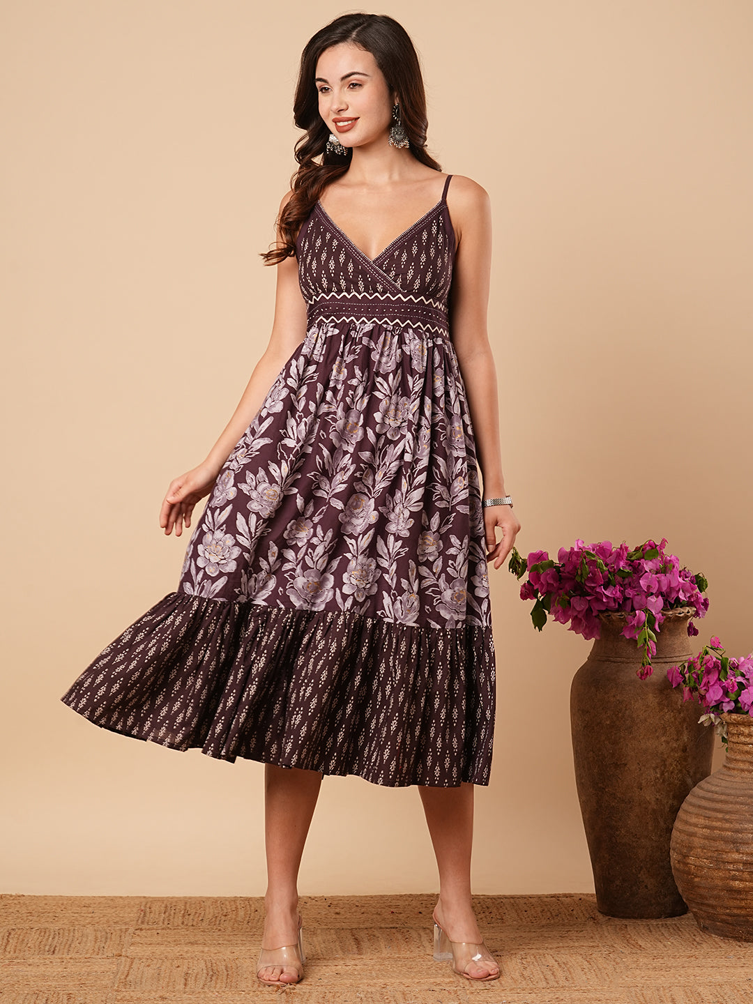 Floral Foil Printed A-Line Pleated Midi Dress Burgundy – FASHOR