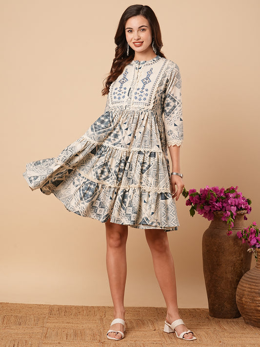 Ethnic Printed & Embroidered A-Line Pleated Tiered Flared Midi Dress - Off White