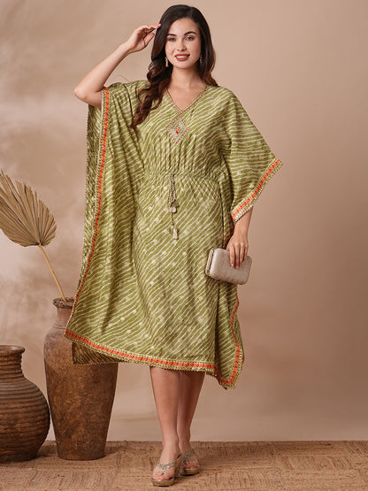 Leheriya Foil Printed & Embroidered Kaftan Midi Dress - Green