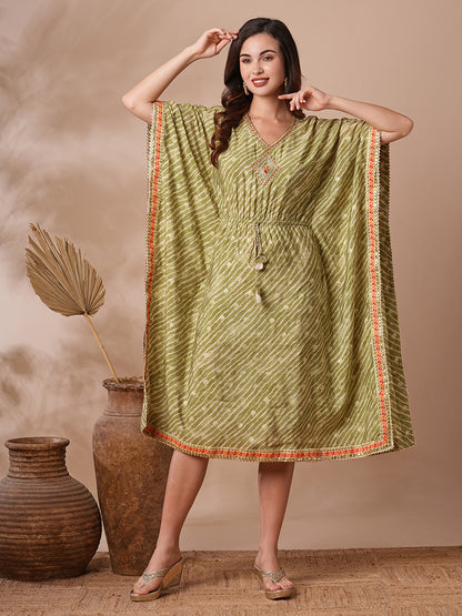 Leheriya Foil Printed & Embroidered Kaftan Midi Dress - Green