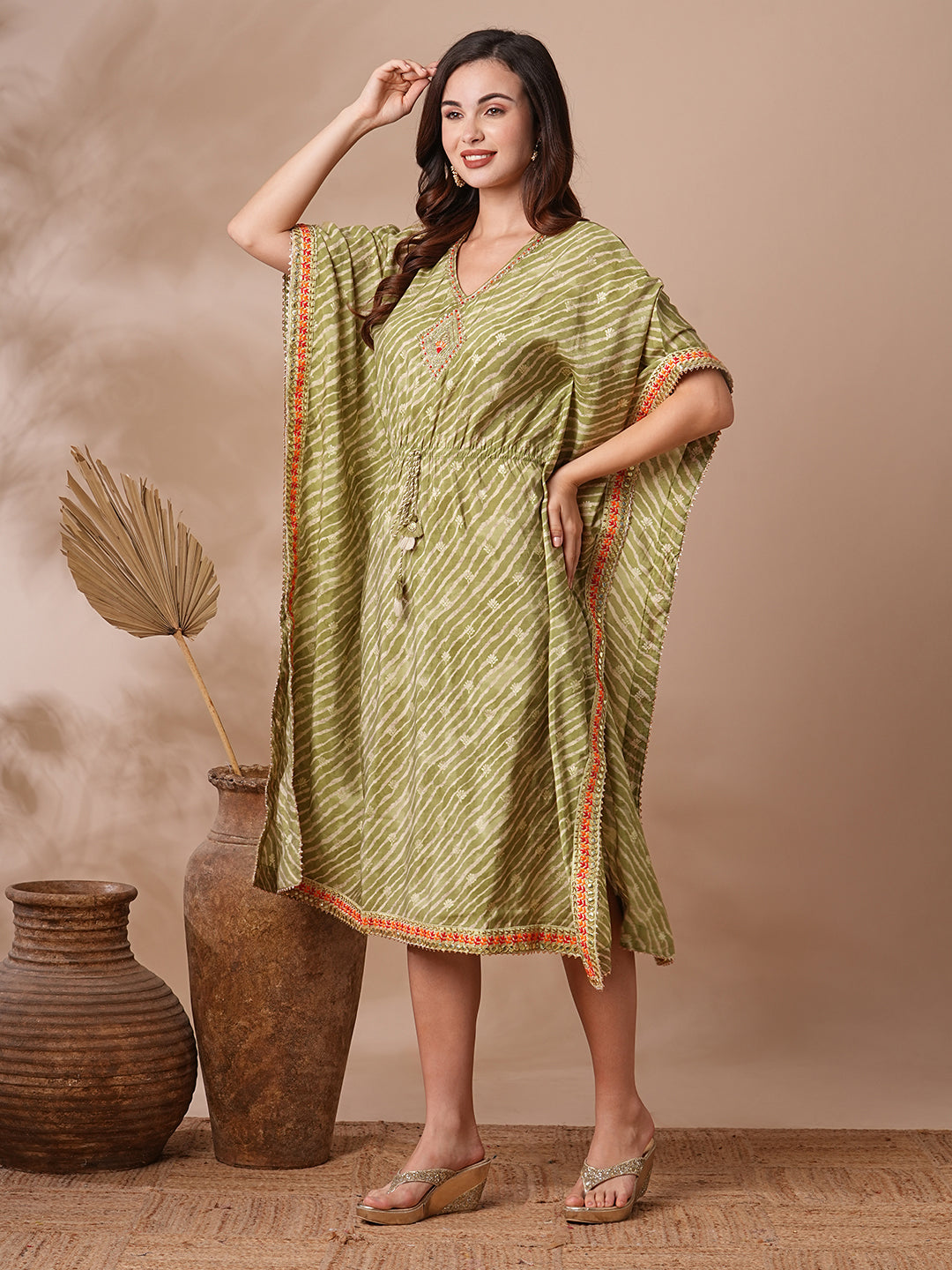 Leheriya Foil Printed & Embroidered Kaftan Midi Dress - Green