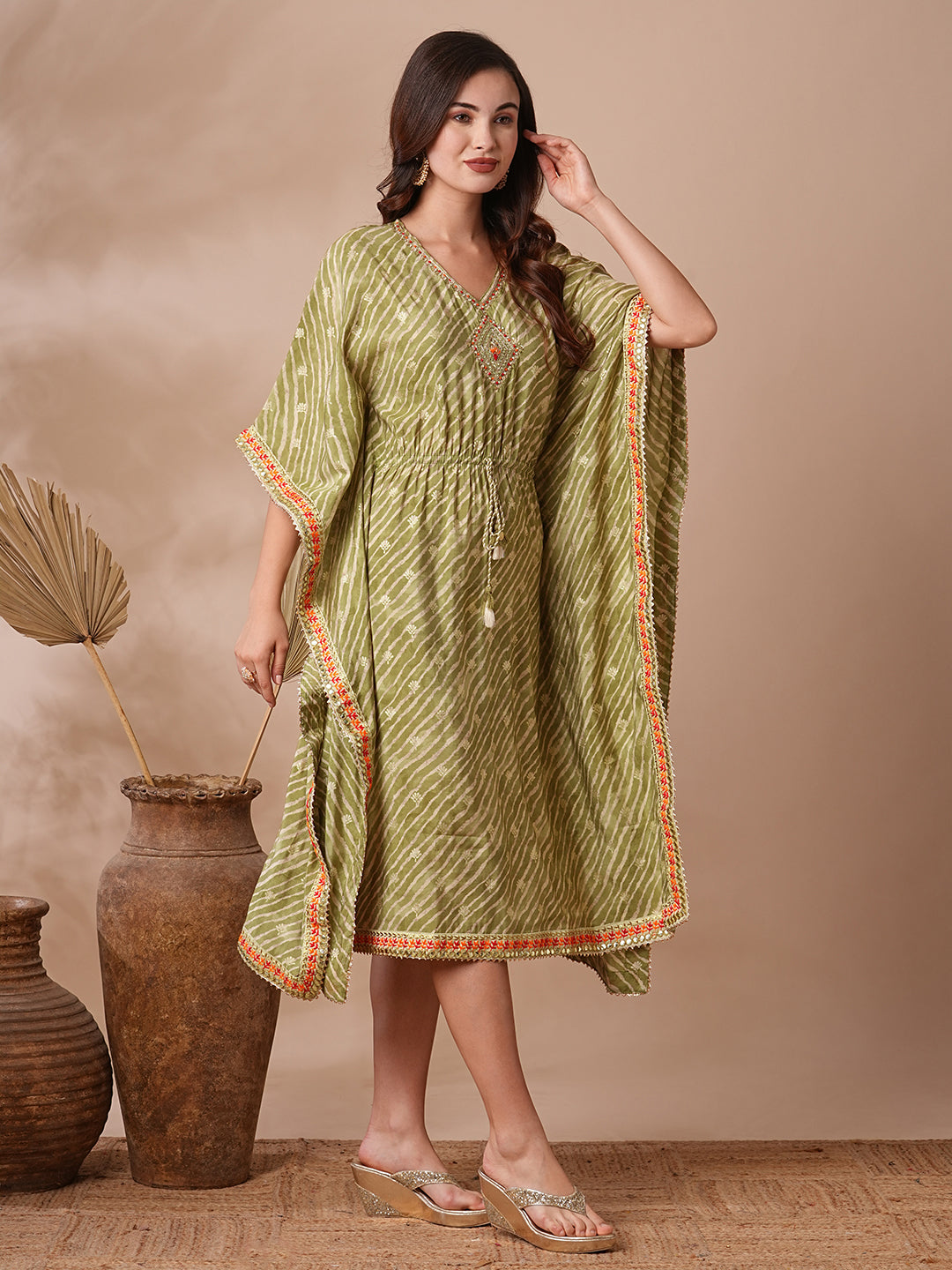 Leheriya Foil Printed & Embroidered Kaftan Midi Dress - Green