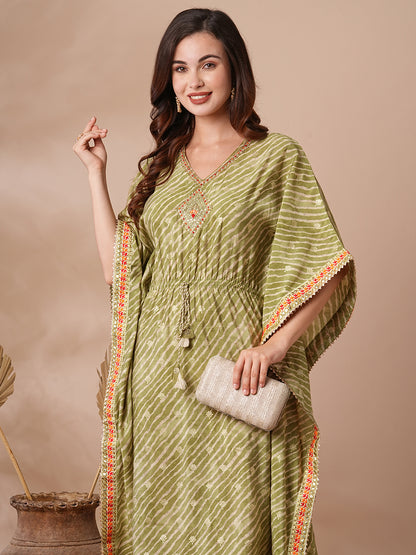 Leheriya Foil Printed & Embroidered Kaftan Midi Dress - Green