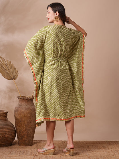 Leheriya Foil Printed & Embroidered Kaftan Midi Dress - Green