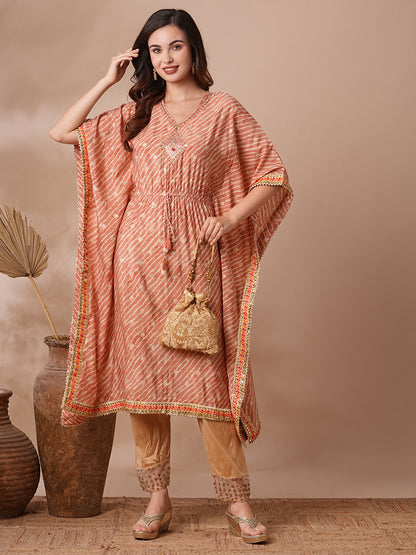 Leheriya Foil Printed & Embroidered Kaftan Midi Dress - Peach