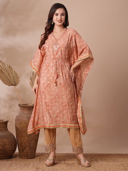 Leheriya Foil Printed & Embroidered Kaftan Midi Dress - Peach