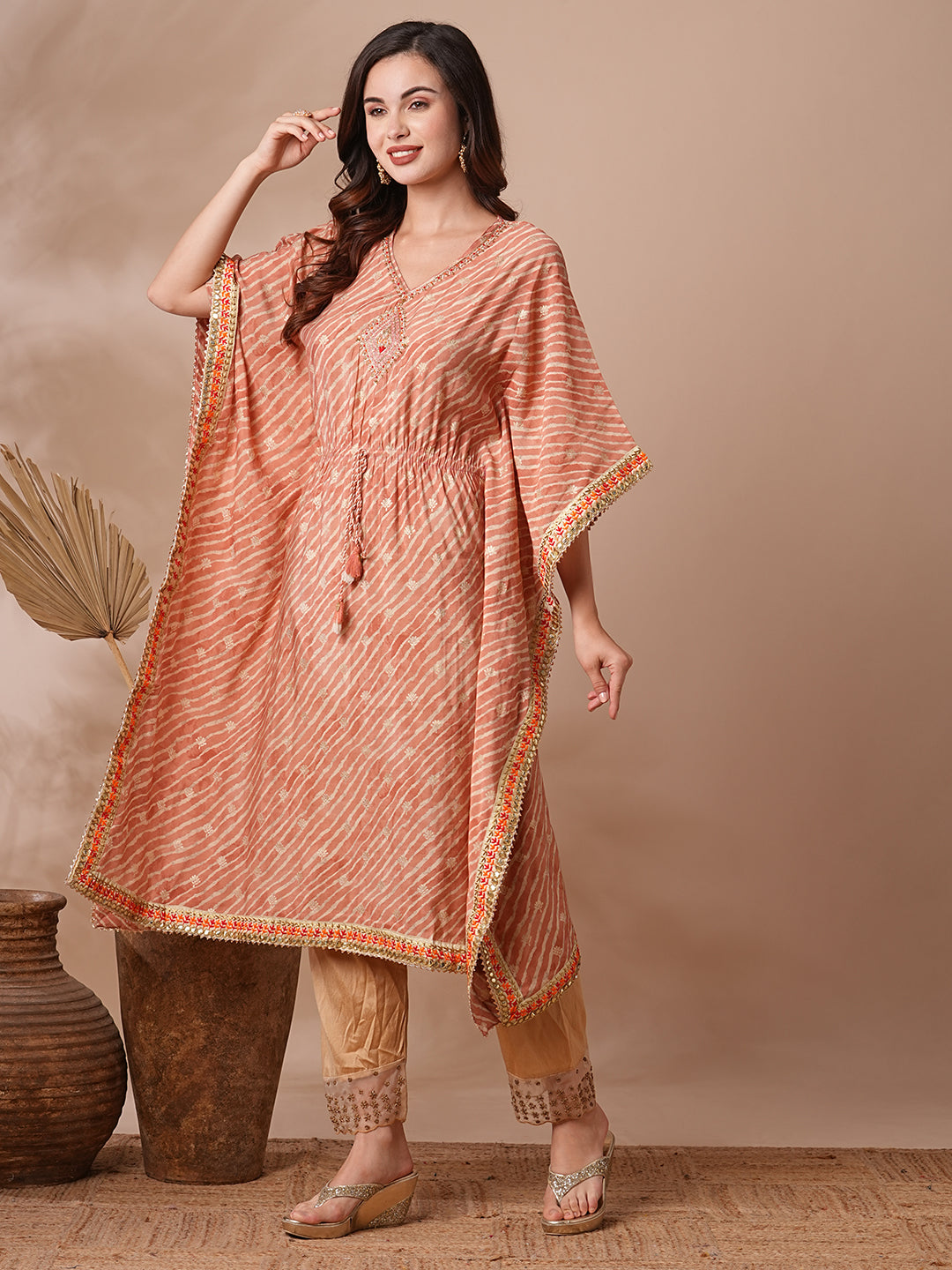 Leheriya Foil Printed & Embroidered Kaftan Midi Dress - Peach